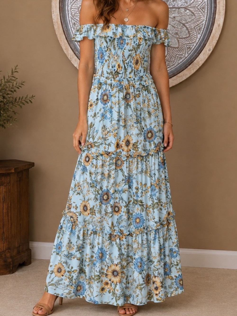 Abel The Label Sky Blue Floral Off-Shoulder Ruffle Tiered Maxi Dress